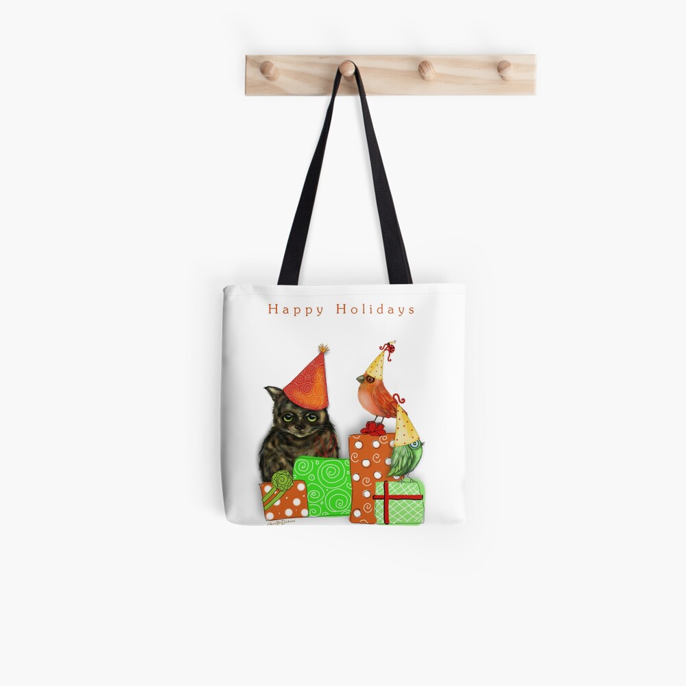 Cat and Bird Christmas Card Tote Bag