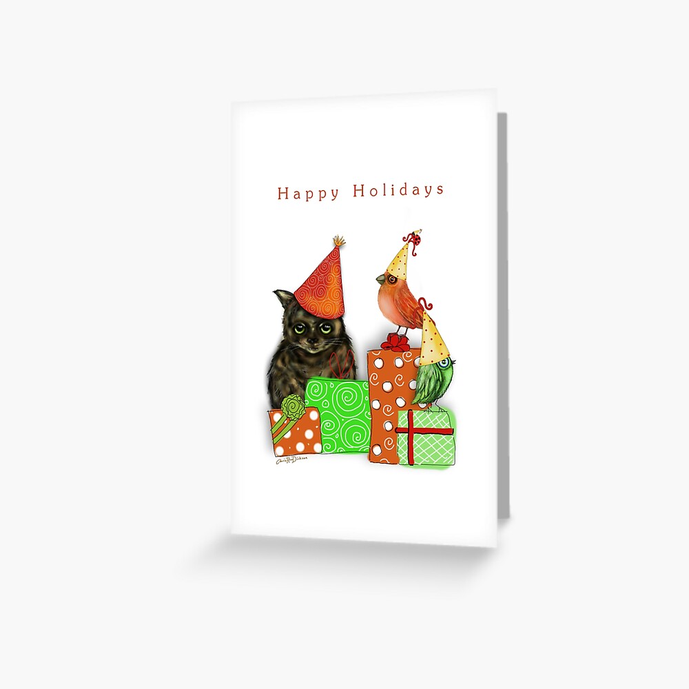 Cat and Bird Christmas Card Greeting Card