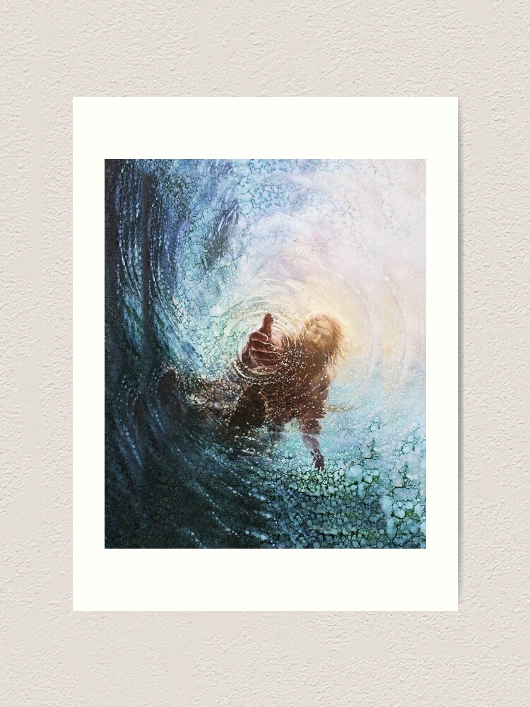 "Jesus The Hand Of God Painting Jesus Reaching Into Water " Art Print
