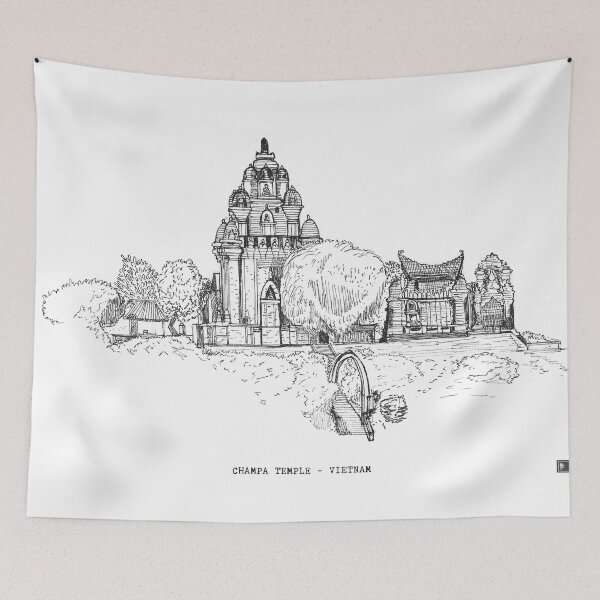 Item preview, Champa Temple Vietnam Pen and Ink Illustration designed and sold by Wall-Art-Sketch.