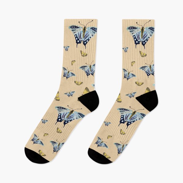 Item preview, Butterfly yellow blue a watercolor pattern beige designed and sold by Yana Mustafina | Boho Soulful Designs.