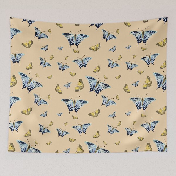 Item preview, Butterfly yellow blue a watercolor pattern beige designed and sold by Yana Mustafina | Boho Soulful Designs.