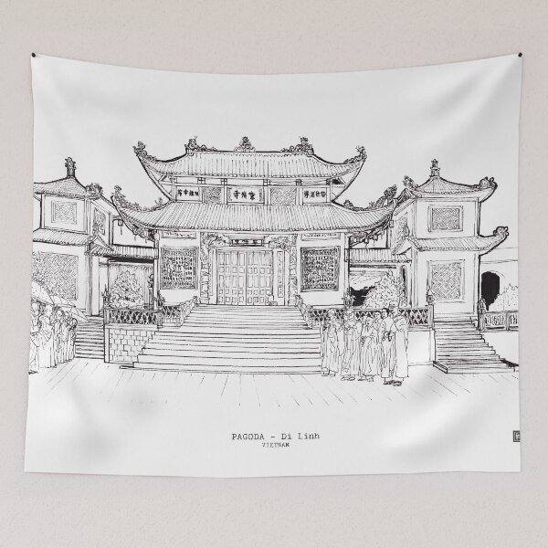 Item preview, Pagoda Di Linh Vietnam Pen and Ink Illustration designed and sold by Wall-Art-Sketch.