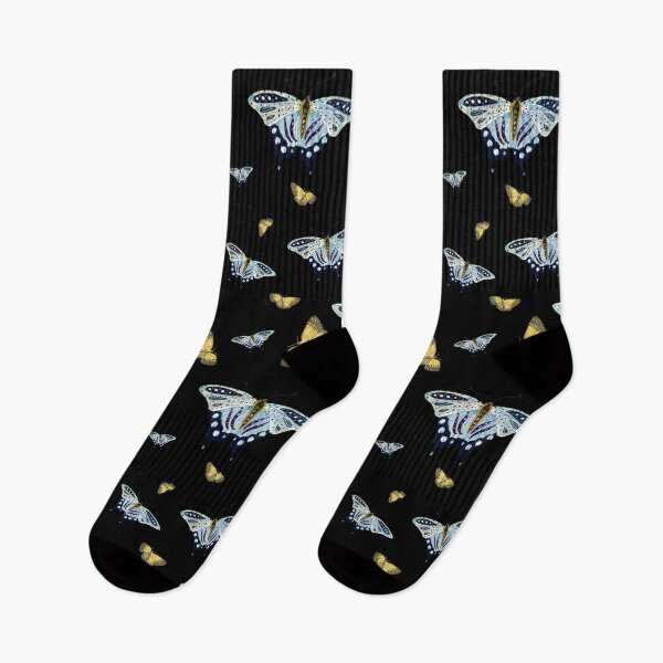 Item preview, Butterfly yellow blue a watercolor pattern black designed and sold by Yana Mustafina | Boho Soulful Designs.