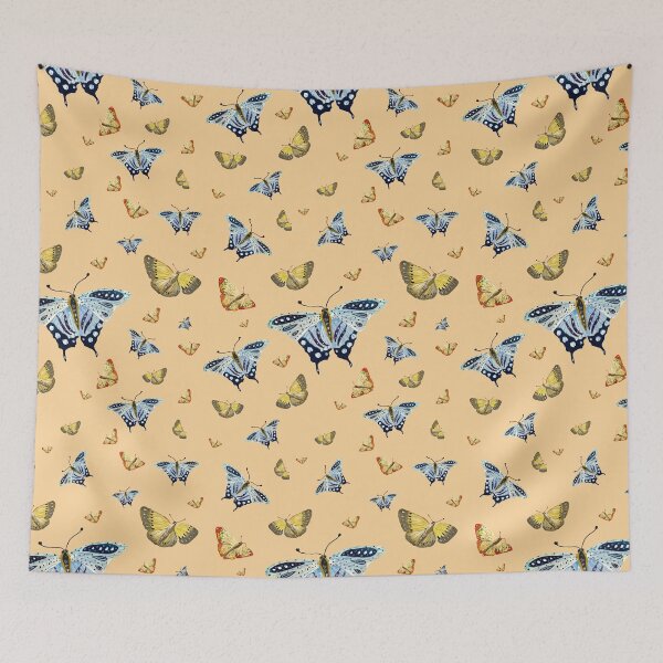 Item preview, Butterfly yellow orange blue a watercolor pattern beige designed and sold by Yana Mustafina | Boho Soulful Designs.