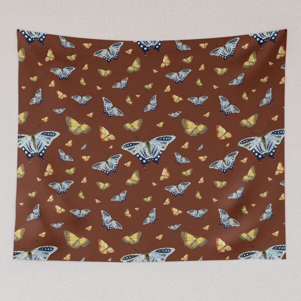 Item preview, Butterfly yellow orange blue a watercolor pattern brown designed and sold by Yana Mustafina | Boho Soulful Designs.