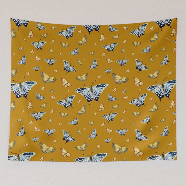 Item preview, Butterfly yellow orange blue a watercolor pattern ocher designed and sold by Yana Mustafina | Boho Soulful Designs.