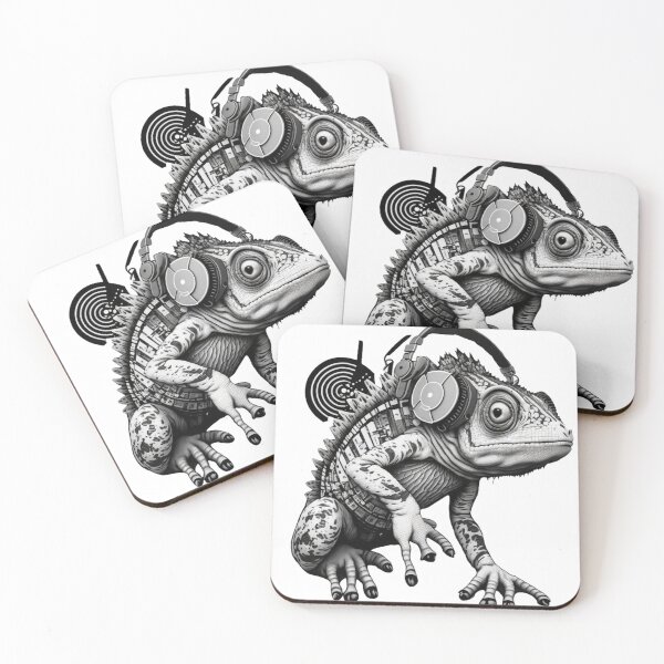 Item preview, Weird Cool Looking Black & White Cyborg Chameleon With Headphones designed and sold by Styxiann.