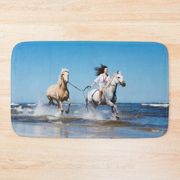 Item preview, Beautiful woman horseback riding with her two horses galloping by the sea designed and sold by HofTao.