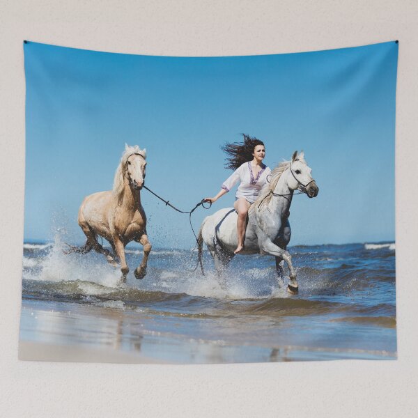 Item preview, Beautiful woman horseback riding with her two horses galloping by the sea designed and sold by HofTao.