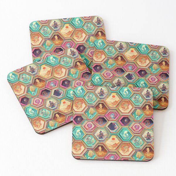 Item preview, Hexagonal Mayan Aztec Sea Ocean Monsters Stained Glass Pattern Textile designed and sold by TJino.
