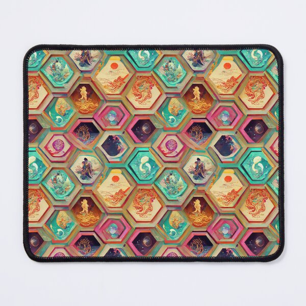 Item preview, Hexagonal Mayan Aztec Sea Ocean Monsters Stained Glass Pattern Textile designed and sold by TJino.