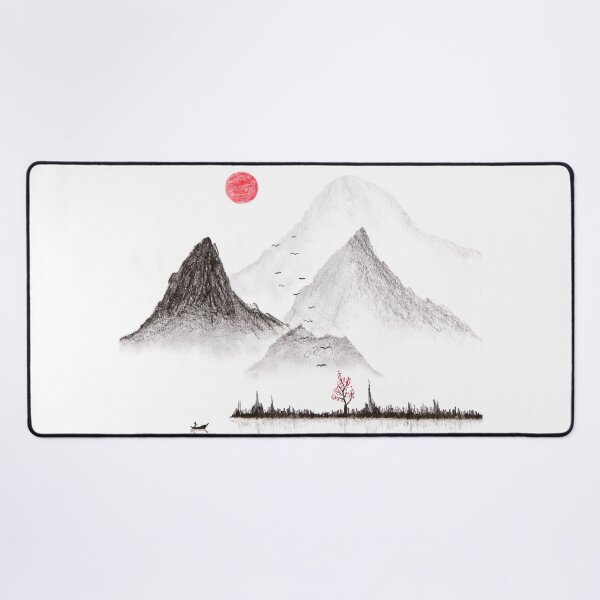 Japan traditional Sumi-e style drawing. Mountain landscape