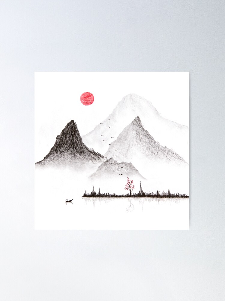 Japan traditional Sumi-e style drawing. Mountain landscape