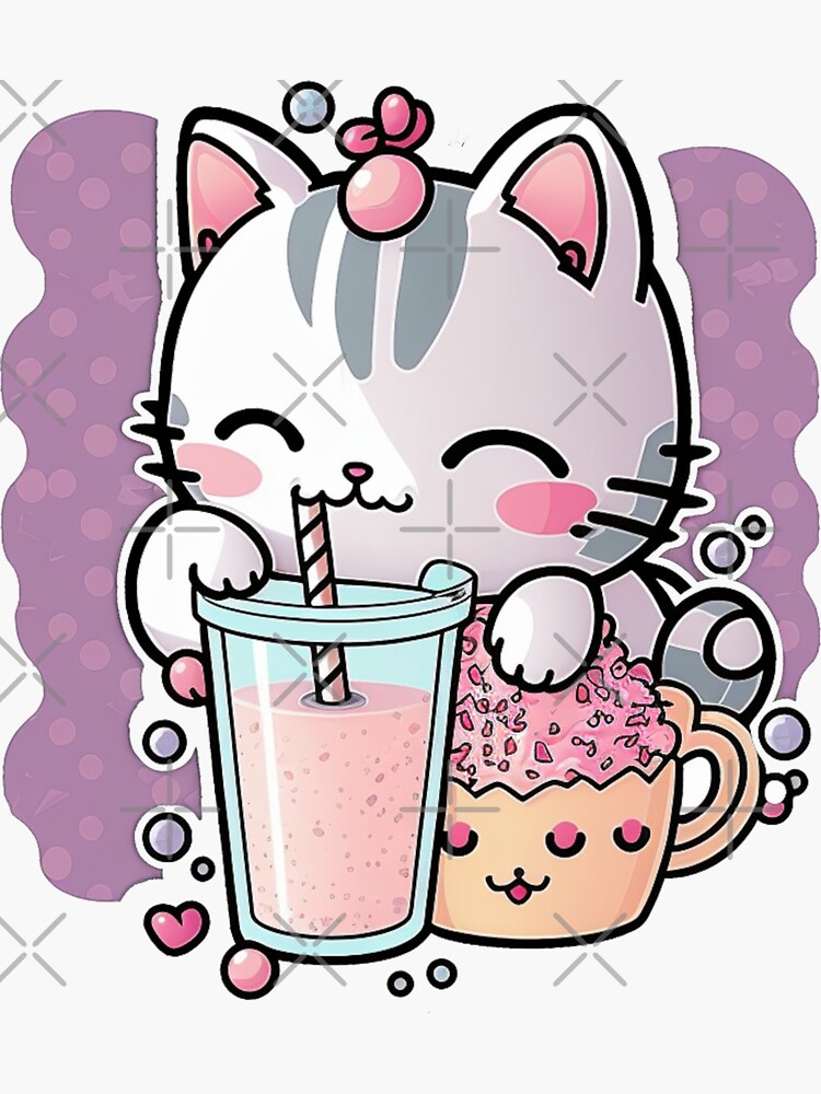 White Kawaii Kitty Drinking Boba Tea Waterproof Sticker