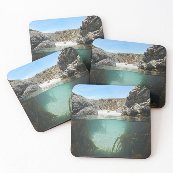 Item preview, Narrow passage between rocks to a secluded beach with kelp underwater designed and sold by Seaphotoart.