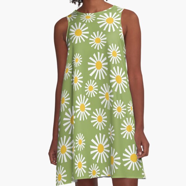 White Daisies on Green A-Line Dress