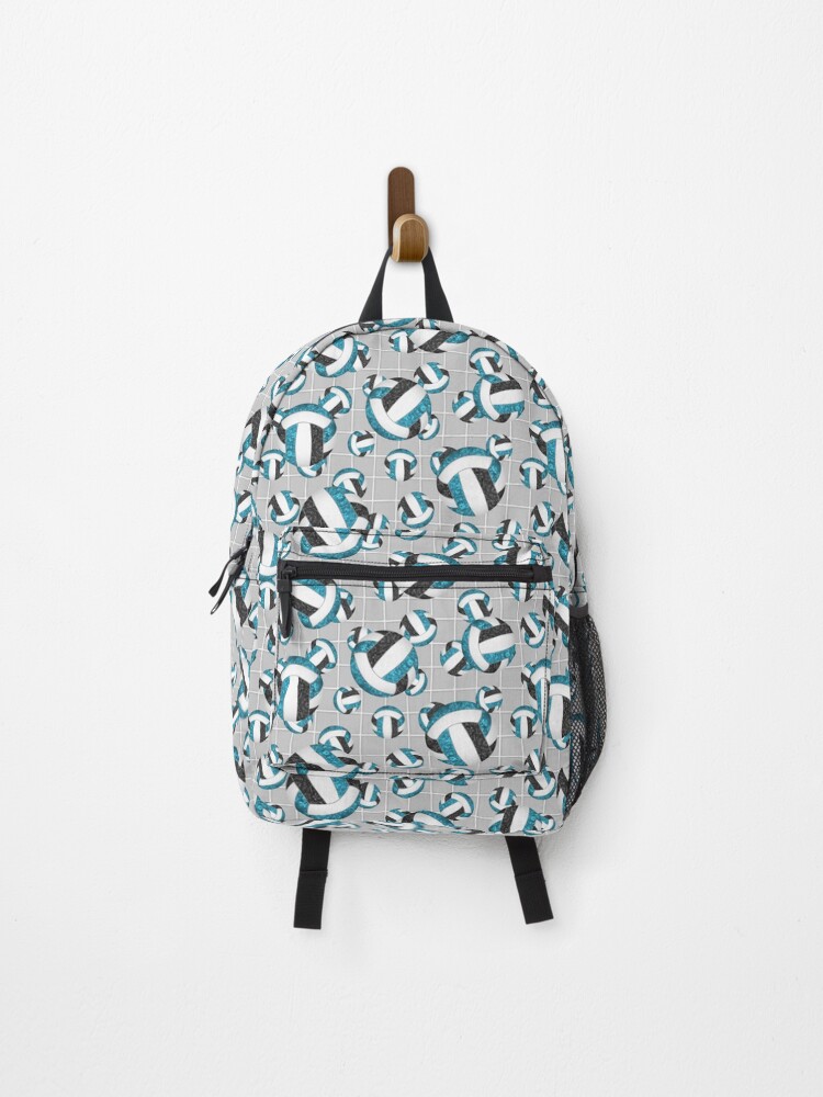 Thumbnail 1 of 3, Backpack, girly teal black volleyballs pattern with net detail accent designed and sold by katzdzynes.