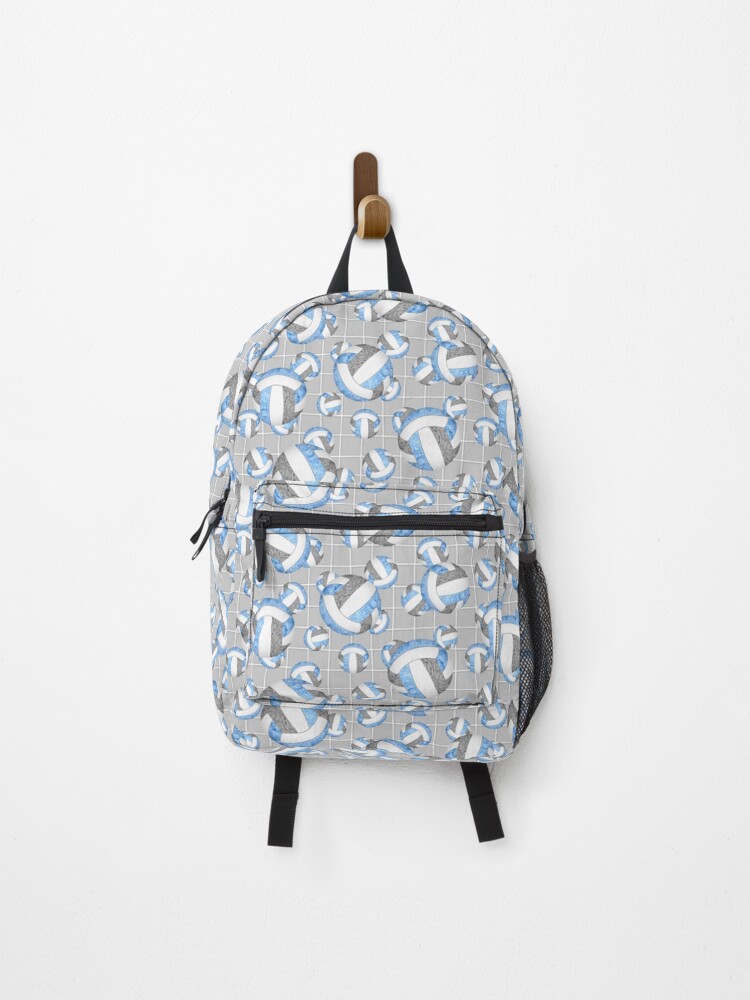 Thumbnail 1 of 3, Backpack, girly light blue gray volleyballs pattern with net detail accent designed and sold by katzdzynes.