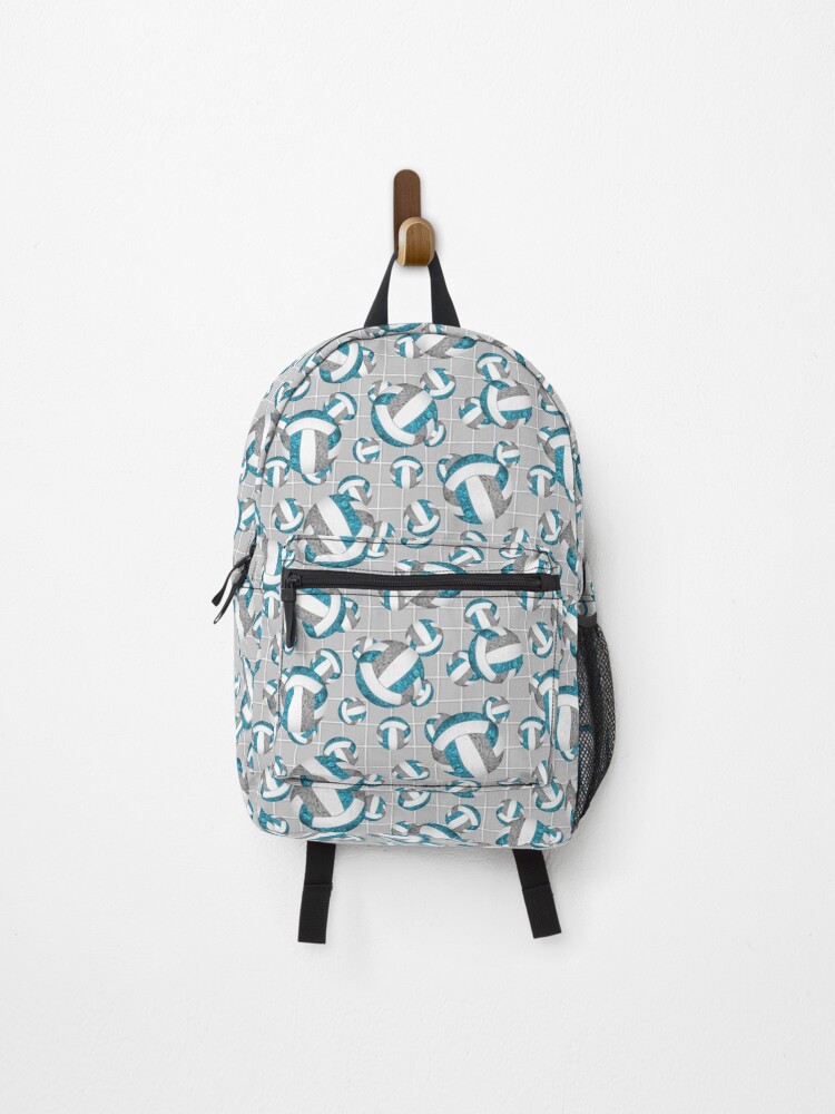 Thumbnail 1 of 3, Backpack, girly teal gray volleyballs pattern with net detail accent designed and sold by katzdzynes.