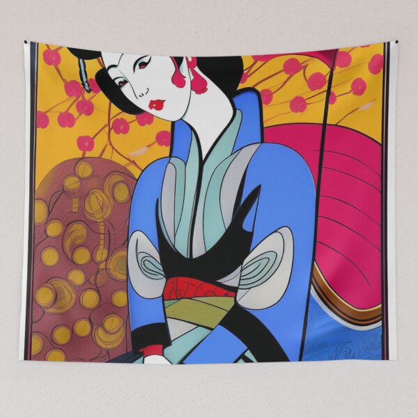 Item preview, Geisha With Blue Robe Yellow Background - Cartoon Style designed and sold by DesignerKin.