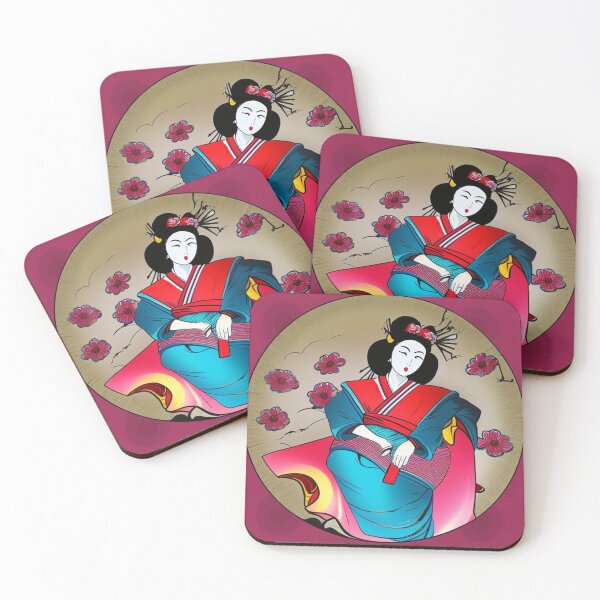 Item preview,  Geisha With Red and Blue Robe Red Background - Cartoon Style designed and sold by DesignerKin.