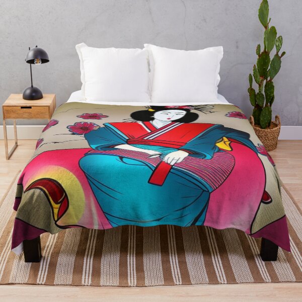 Item preview, Geisha With Red and Blue Robe Red Background - Cartoon Style designed and sold by DesignerKin.