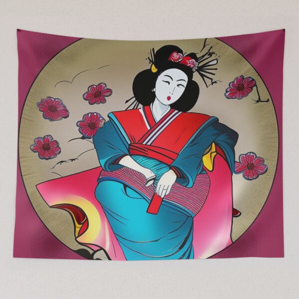 Item preview,  Geisha With Red and Blue Robe Red Background - Cartoon Style designed and sold by DesignerKin.