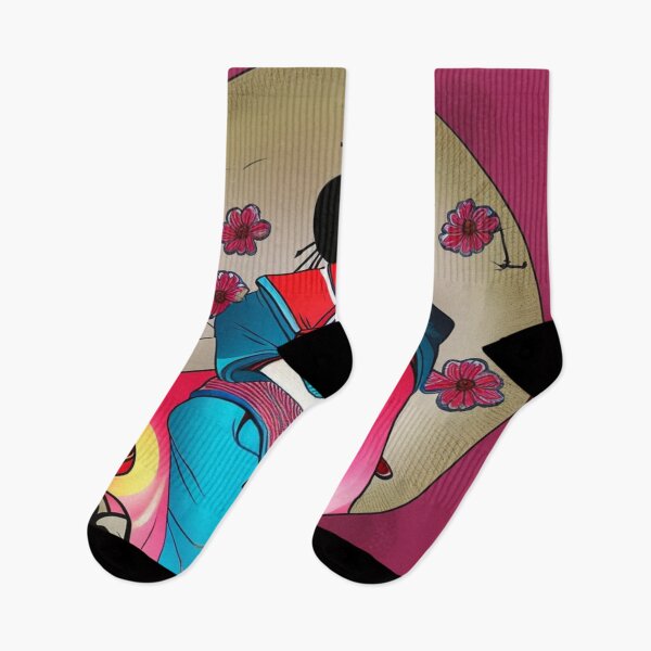 Item preview,  Geisha With Red and Blue Robe Red Background - Cartoon Style designed and sold by DesignerKin.