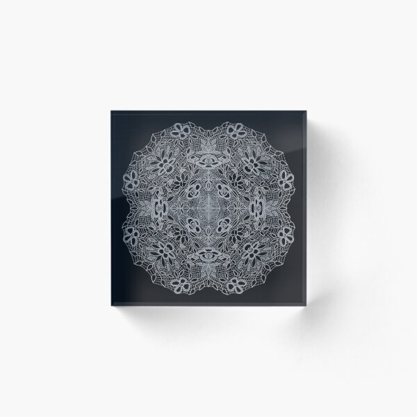 White Crocheted Lace Mandala on Black Acrylic Block
