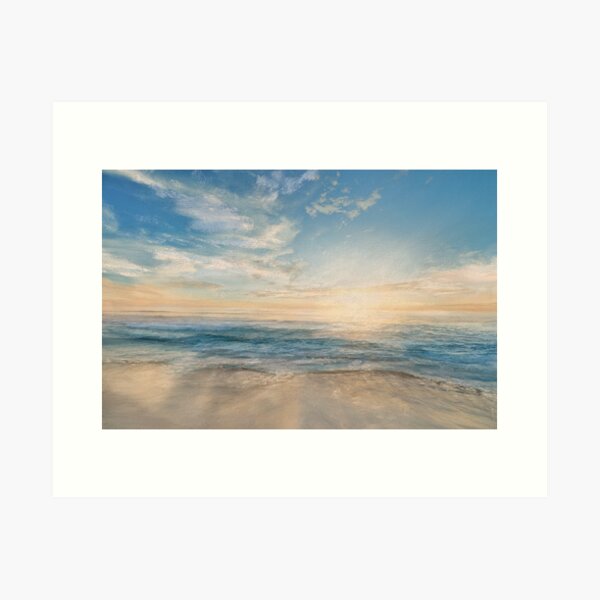 Secluded - Soft Pastel Painting, Artwork, Sunrise, Skies, Ocean and Beach Scene Art Print