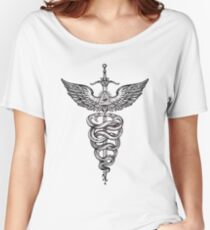 Snakes Winding Around a Winged Sword Caduceus Occult Symbol Women's Relaxed Fit T-Shirt