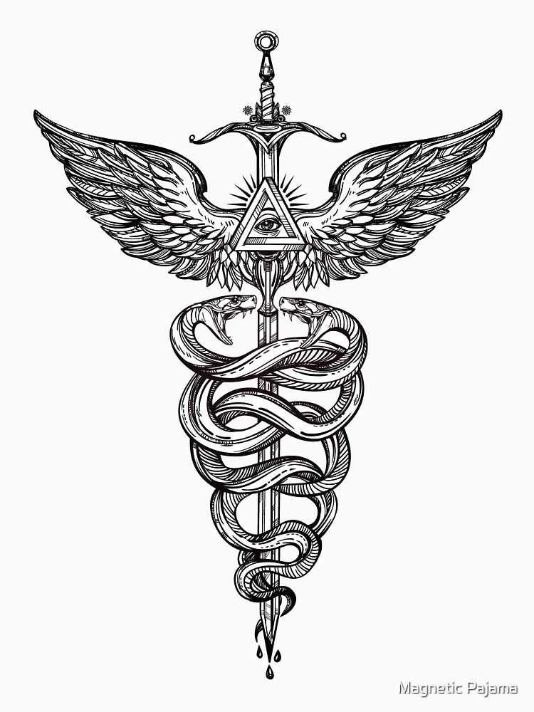 Snakes Winding Around a Winged Sword Caduceus Occult Symbol by MagneticMama