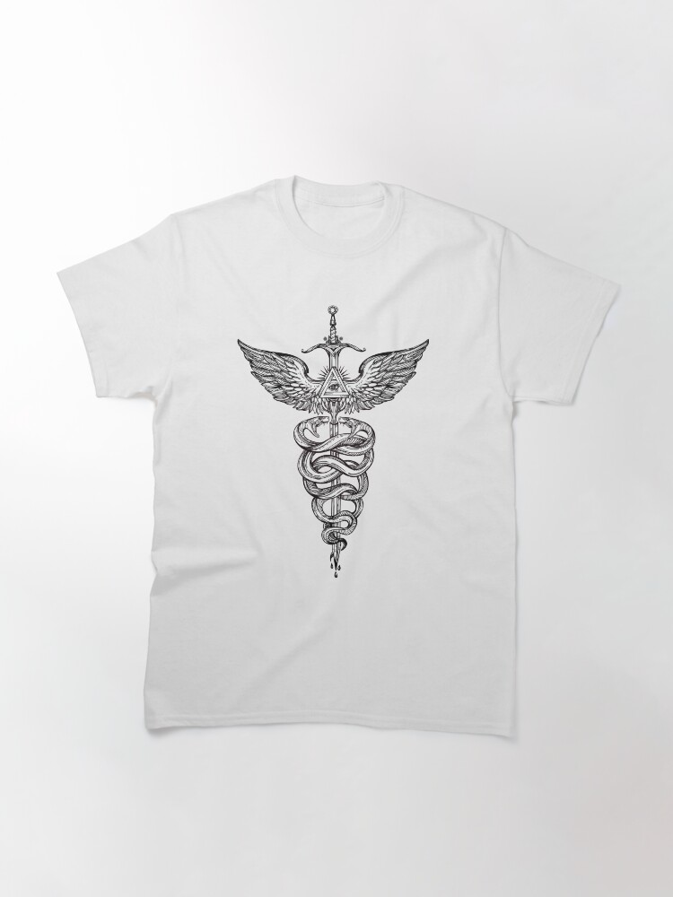 Alternate view of Snakes Winding Around a Winged Sword Caduceus Occult Symbol Classic T-Shirt