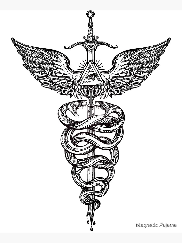 Snakes Winding Around a Winged Sword Caduceus Occult Symbol by MagneticMama
