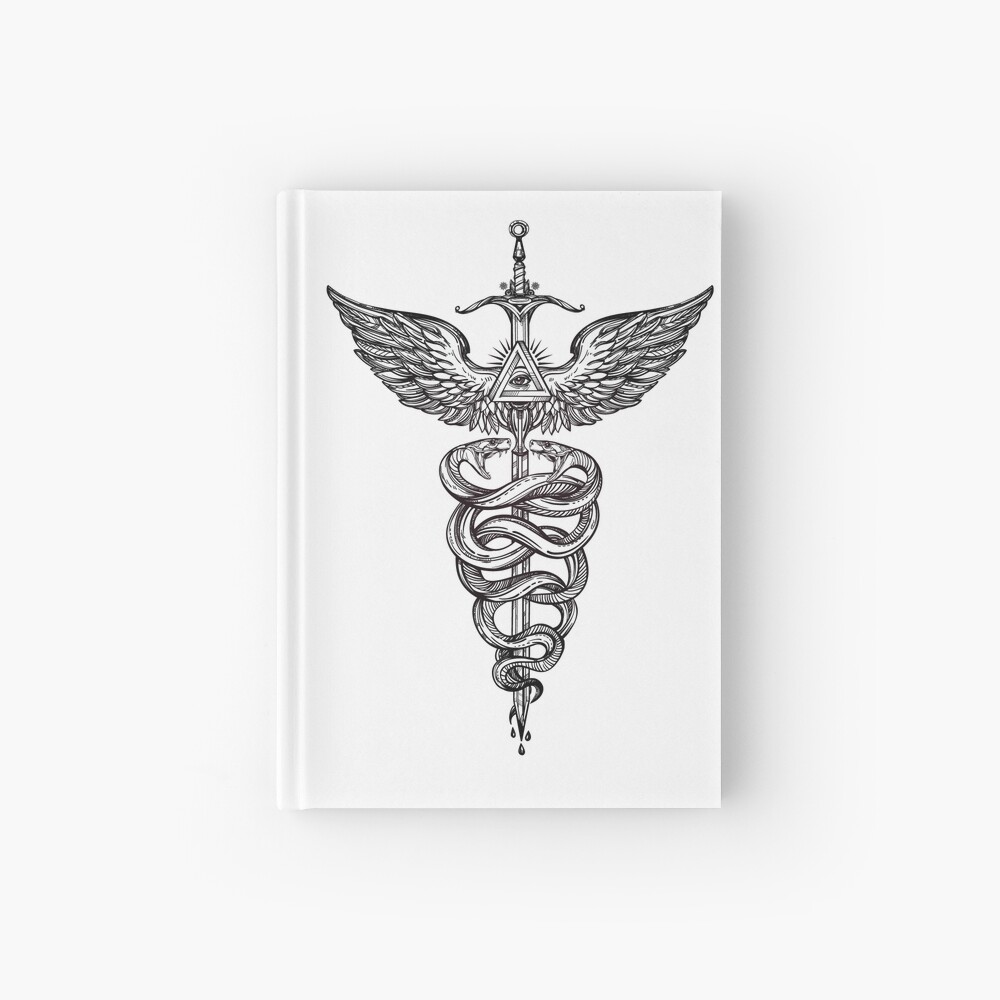 Snakes Winding Around a Winged Sword Caduceus Occult Symbol Hardcover Journal
