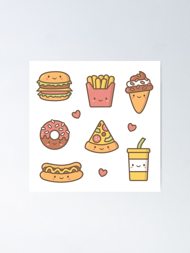 Póster « ¡te van a encantar estos garabatos kawaii de comida chatarra