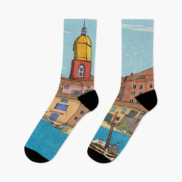 Item preview, Harbour View St Tropez France Retro Inspired Style Illustration designed and sold by Wall-Art-Sketch.
