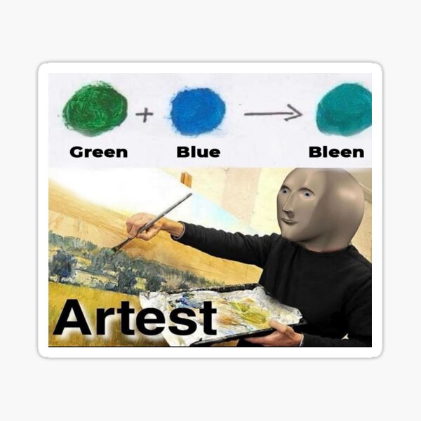 Vista previa del artículo con la obra «Verde + azul = Bleen Artest Meme - Ideas de regalos de acción de gracias, Navidad y cumpleaños para amantes y fanáticos de los memes clásicos», diseñado y vendido por Memeing Everything.