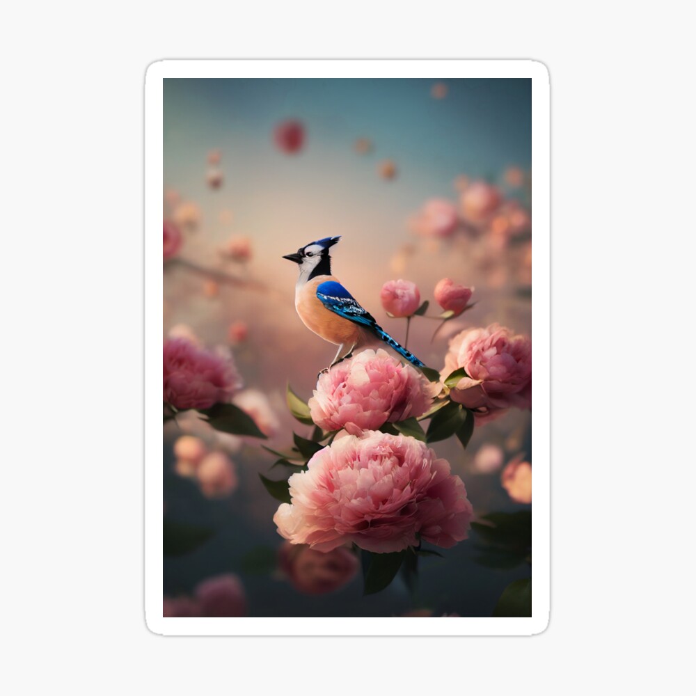 Blue Jay Bird on a Rock Illustration with Pink Flower Background