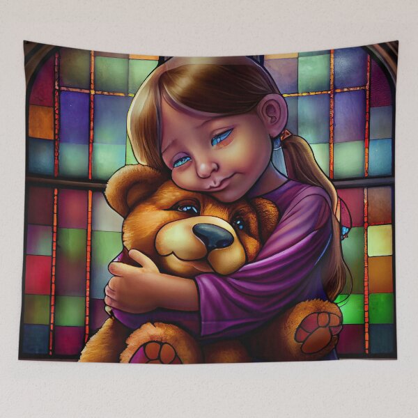 Item preview, Stained glass portrait of a cute girl hugging her teddy bear designed and sold by Artaverse.