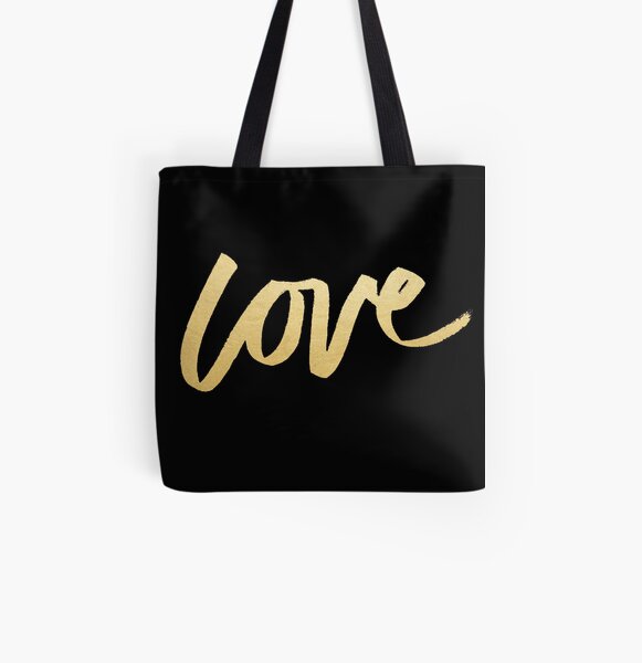 Love Gold Black Typography All Over Print Tote Bag