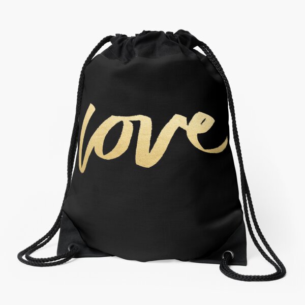 Love Gold Black Typography Drawstring Bag