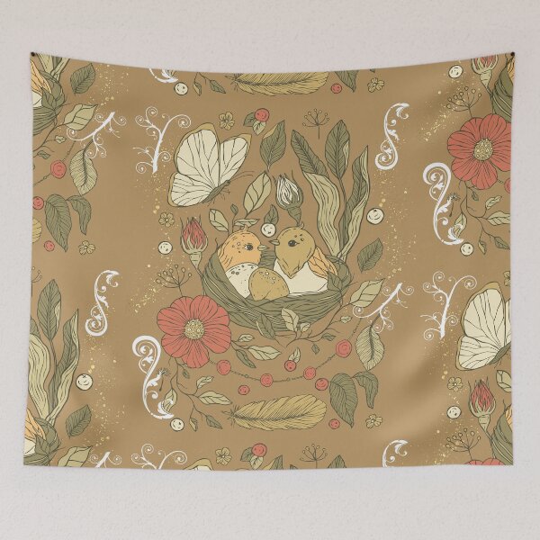 Item preview, Beige Pastel Birds & Butterflies Color Illustration Design designed and sold by EarthArtDesigns.