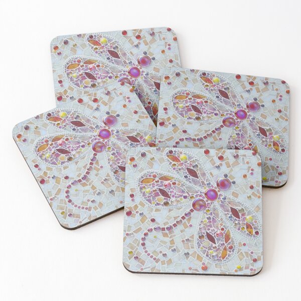 Item preview, Red dragonfly stained glass mosaic on a white and ivory background  designed and sold by suespaintroom.