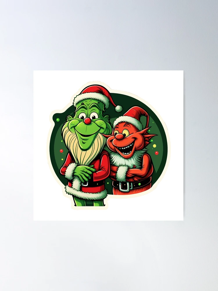 Poster for Sale avec l'œuvre « Grinch et lutin souriant en tenue de noël.  Illustration drôle » de l'artiste vanessavolk