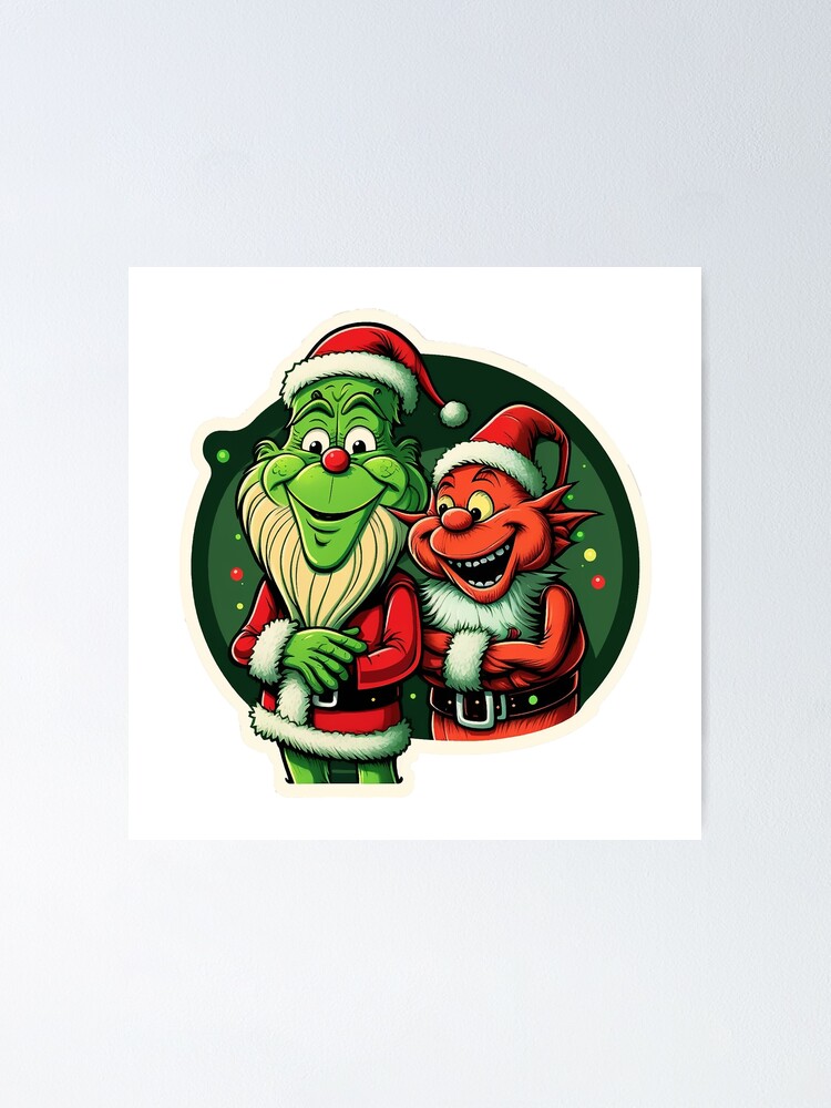 Grinch and leprechaun smiling in christmas outfit. Funny illustration |  Poster
