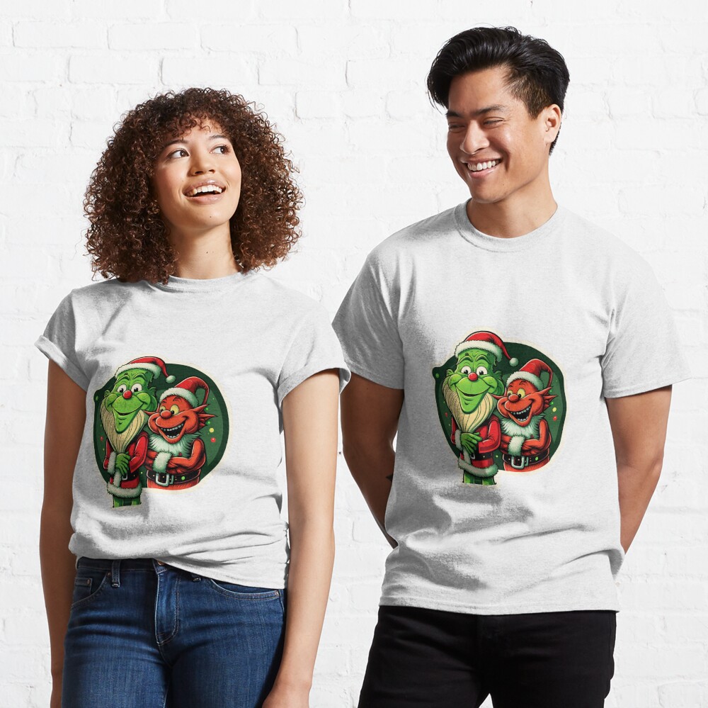 Grinch and leprechaun smiling in christmas outfit. Funny illustration |  Poster