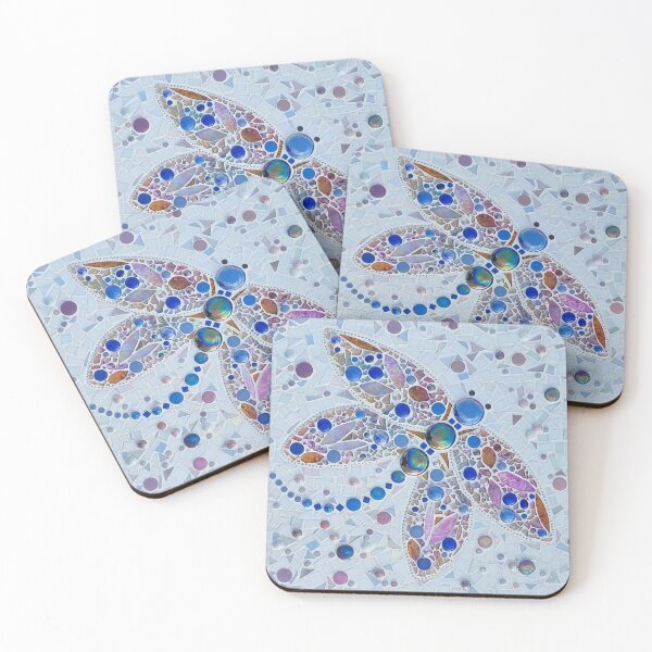 Item preview, Pink and blue stainedglass dragon fly mosaic on a white background  designed and sold by suespaintroom.