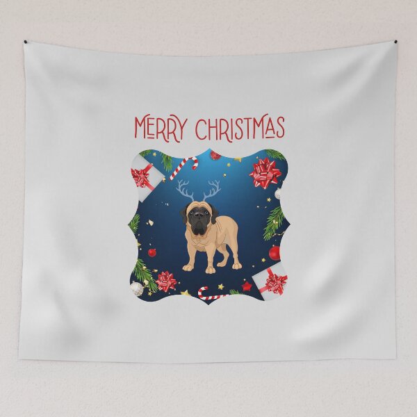 Item preview, Merry Christmas with English Mastiff with Reindeer Ear designed and sold by SeasonalDogs.
